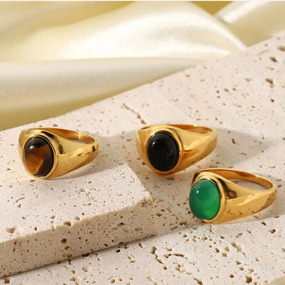 Elegant Vintage Stainless Steel Rings For Women Bohemia Oval Tiger Eye Stone Obsidian Engagement Rings Jewelry