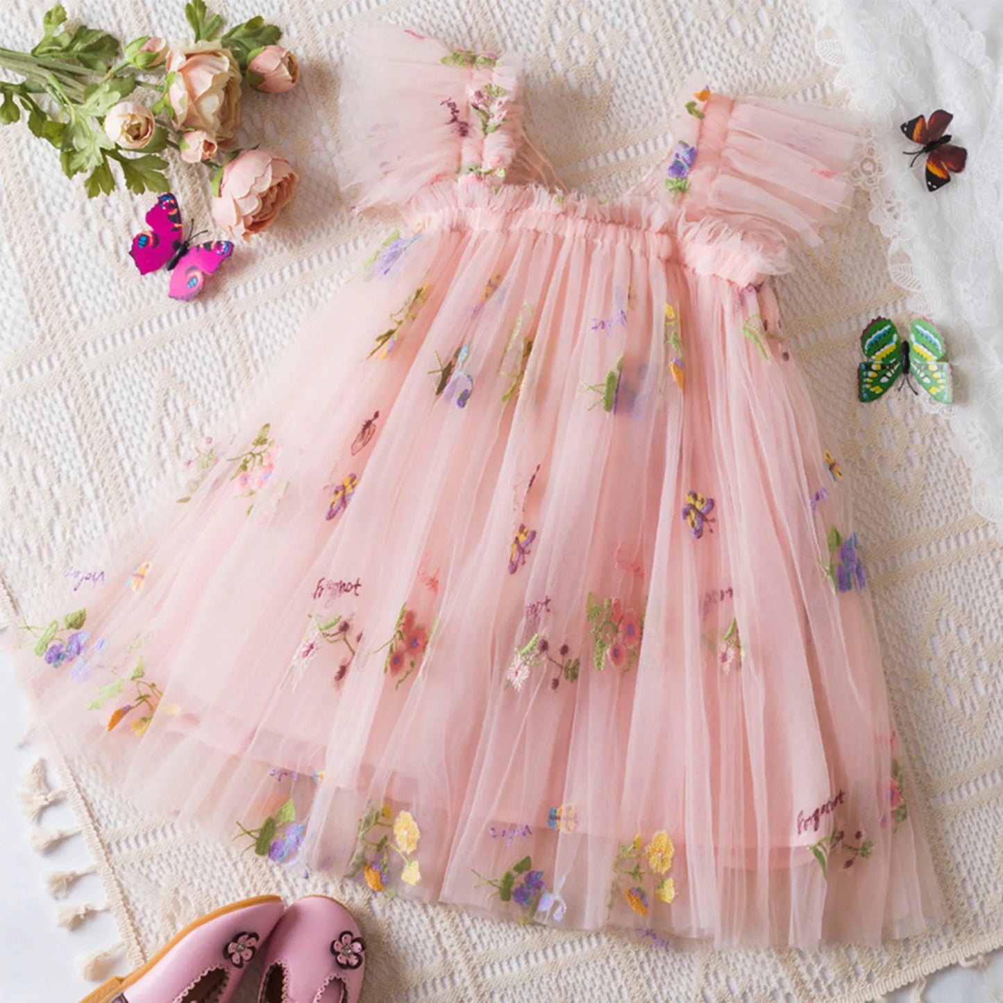 Delicate Party Prom Evening Dress Colorful Flower Embroidery Dresses Fashion Butterfly Princess Dress Birthday Princess Clothes