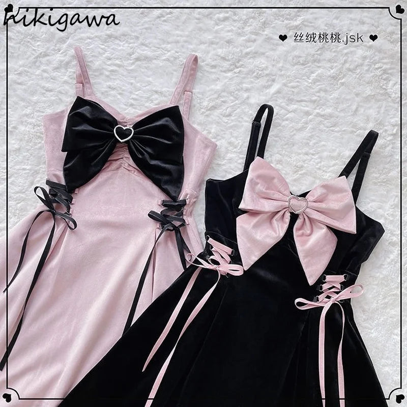 Hikigawa Woman Dresses Lolita Y2k Vestidos De Mujer Bandage Slim Dress Sexy Clothes Velvet Robe Femme Sleeveless Women Dresses - AMULET RING STORE