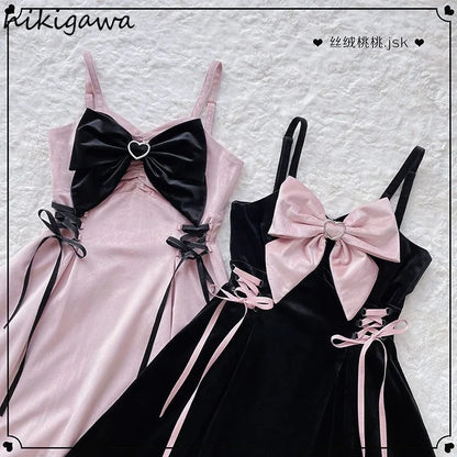 Hikigawa Woman Dresses Lolita Y2k Vestidos De Mujer Bandage Slim Dress Sexy Clothes Velvet Robe Femme Sleeveless Women Dresses - AMULET RING STORE