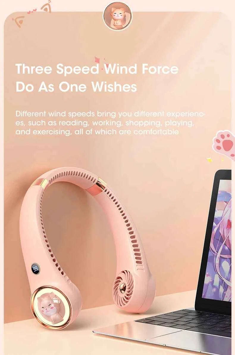 Bladeless Neck Fan 2000mAh USB Rechargeable Digital Display Cute Cat Hanging Mini for Travel Office