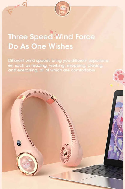 Bladeless Neck Fan 2000mAh USB Rechargeable Digital Display Cute Cat Hanging Mini for Travel Office