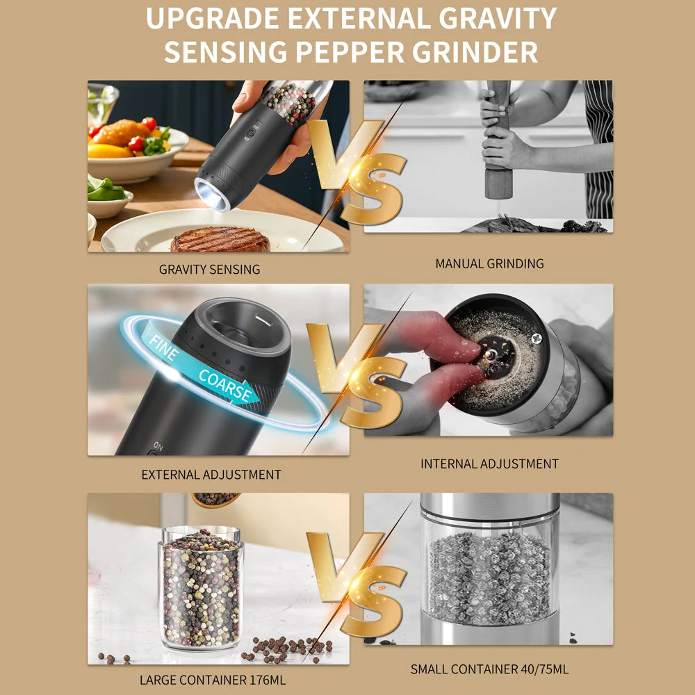 1/2PCS Electric Salt And Pepper Grinder with LED Light Gravity Sensing Adjustable Spice Mills Cordless Automatic Kitchen Gadget - AMULET RING STORE