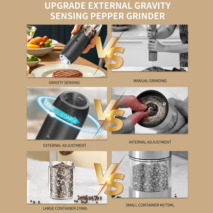1/2PCS Electric Salt And Pepper Grinder with LED Light Gravity Sensing Adjustable Spice Mills Cordless Automatic Kitchen Gadget - AMULET RING STORE