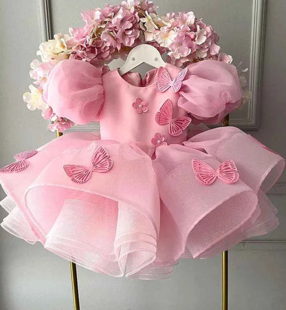 Baby Girls Dress Pink Bubble Sleeve Butterfly Dress Pageant Dresses for Toddler Girls Official Christmas Dinner Clothes