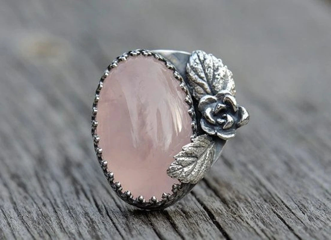 Vintage Women's Pink Gemstone Engraved Leaf Rings for Women Personality Punk Collectible Silver Rings Party Custom Jewelry