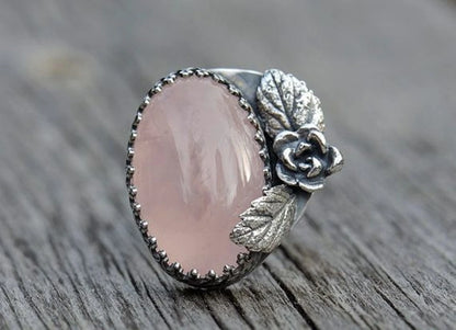 Vintage Women's Pink Gemstone Engraved Leaf Rings for Women Personality Punk Collectible Silver Rings Party Custom Jewelry
