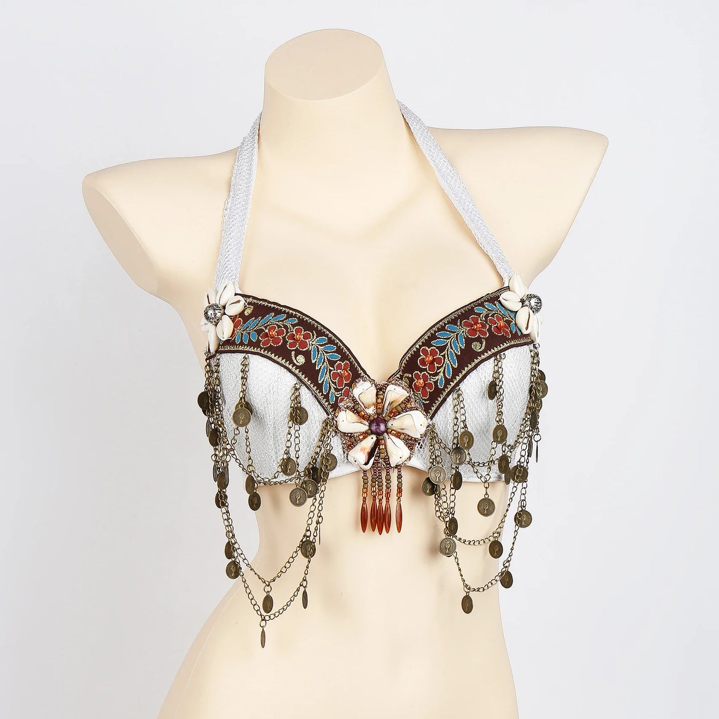 Vintage Gypsy Bra Tribal Belly Dance Push Up Bra Wooden Beads Top with Swags and Turquoise Medallion