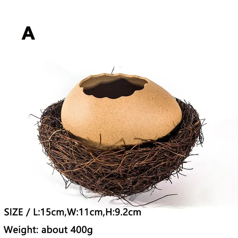 Creative Dessert Bowl Noodle Bowl Hydroponic Egg Shell Ostrich Vase Cute With Nest Home Decoration Modern Simple Ceramic Craft - AMULET RING STORE