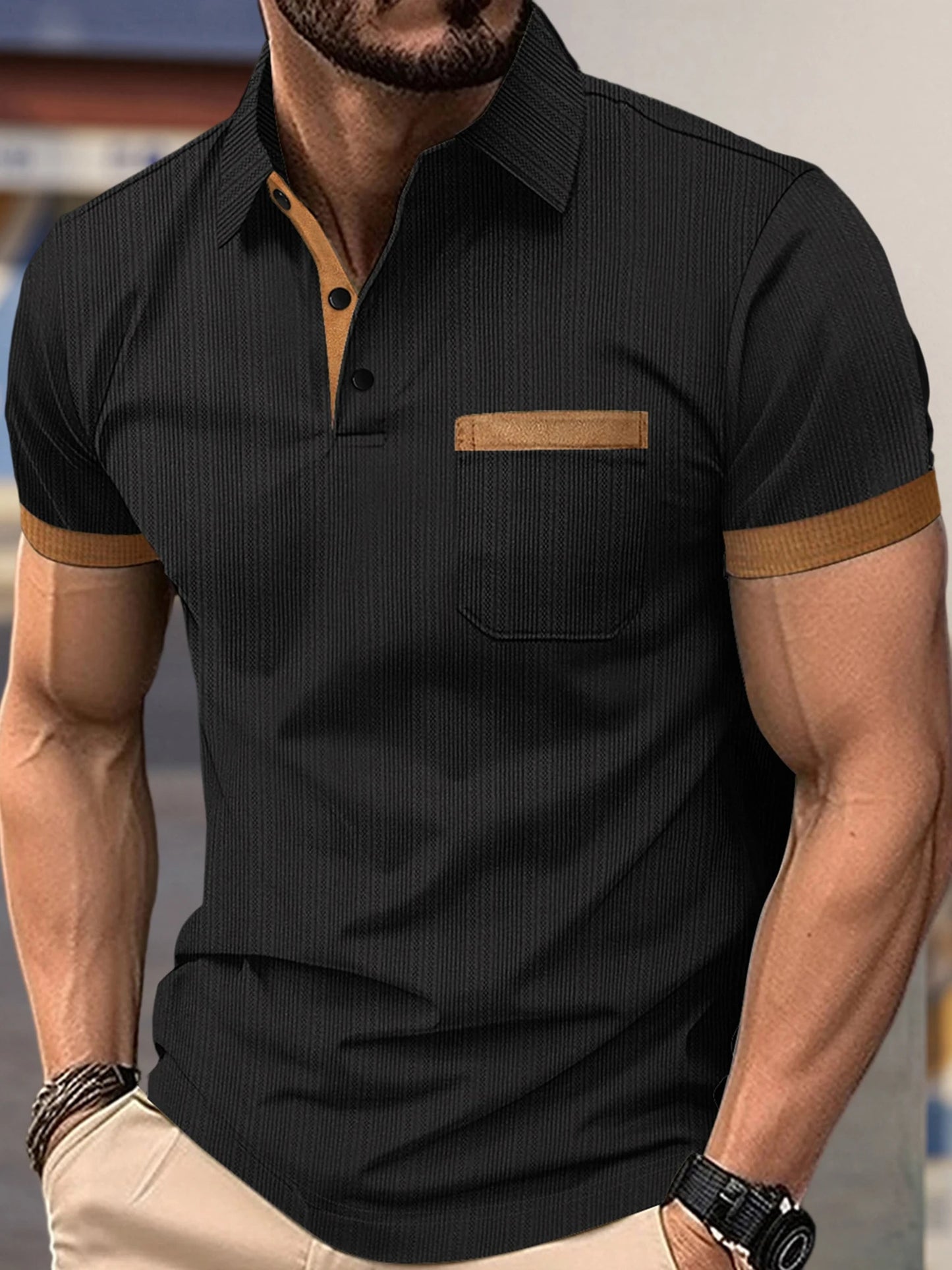 Men s Summer Lapel T-Shirt with Stylish Contrast Colors and Short Sleeves - Perfect for Beach Vacations and Streetwear Fashion