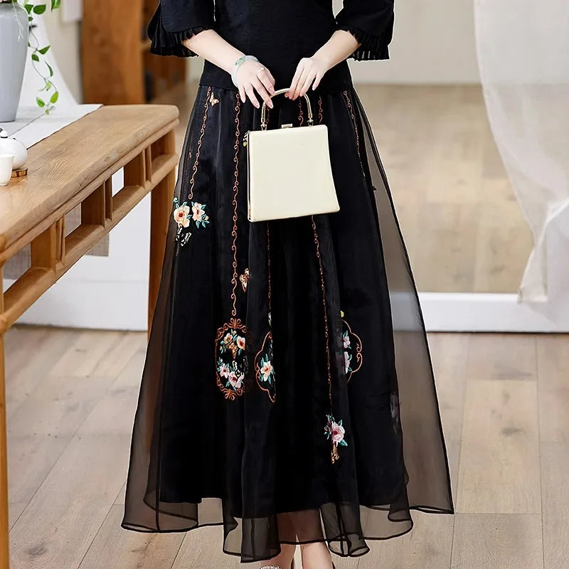 Chinese Style Retro Long Skirt Flowers Embroidered Summer Fairy Skirt Elastic Waist Gauze Skirt Party Lady A-line Skirts