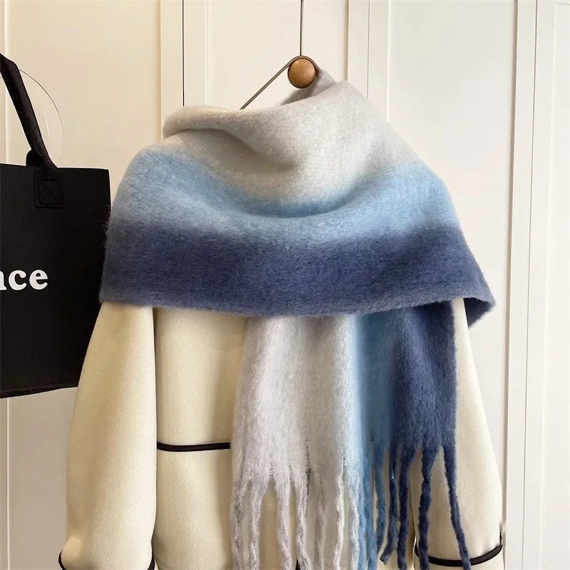 New Fashion Mohair Stripted Tassel Scarf Women Autumn Winter Korean Version Thickened Warm Soft Female Shawl Colorful Muffler