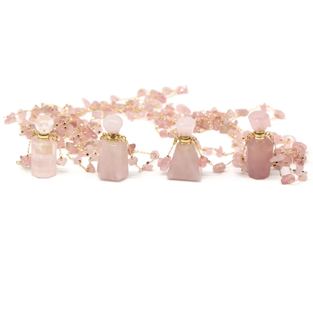 Natural Stone Rose Quartz Perfume Bottle Essential Oil Diffuser Reiki Healing Exquisite Necklace Jewelry Gift - AMULET RING STORE