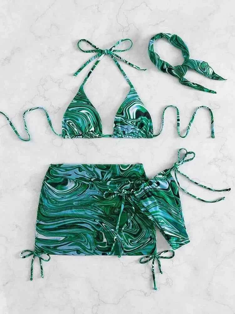 2024 New Wave Print Swimsuit Sexy Bathing Suits 4 Piece Bikinis Beach Sarong Micro Thong Swimwear Women Beachwear