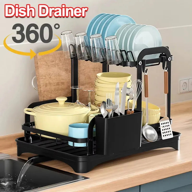 New 360° rotating storage rack double-layer kitchen tableware drying rack with drain tableware storage rack for tableware - AMULET RING STORE