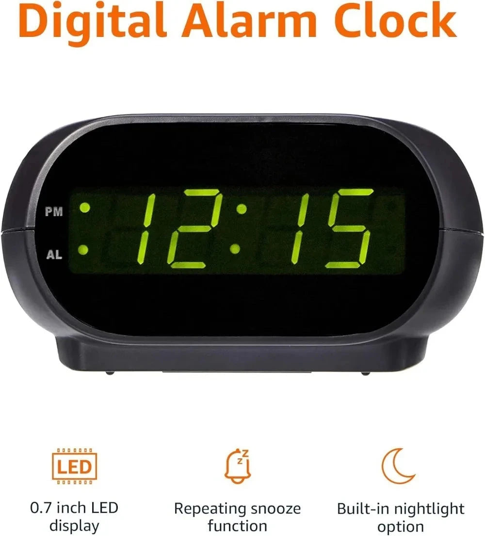 Small Digital Oval Alarm Clock With LED Display, Nightlight & Battery Backup, Black, 4.5 x 3.5 x 2.4 Inches