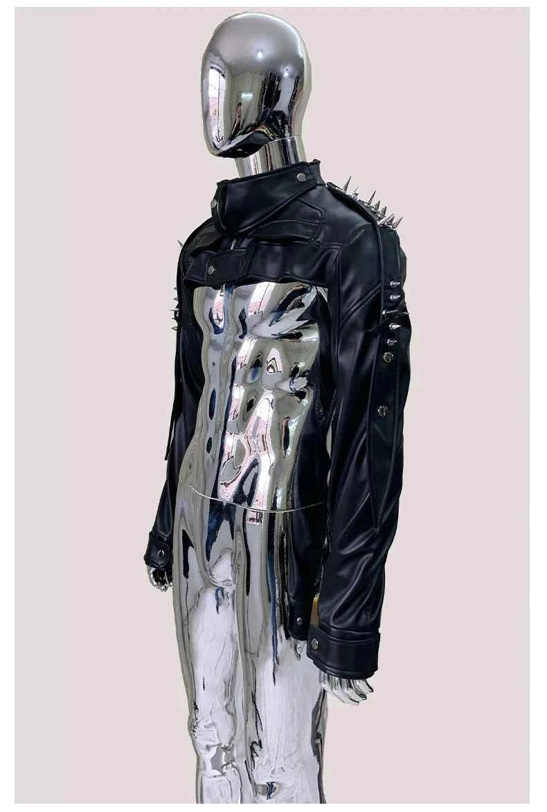 Mauroicardi Spring Autumn Cool Black Cropped Faux Leather Jacket Men Rivet Long Sleeve Zip Up Luxury Punk Style Emo Clothes 2025