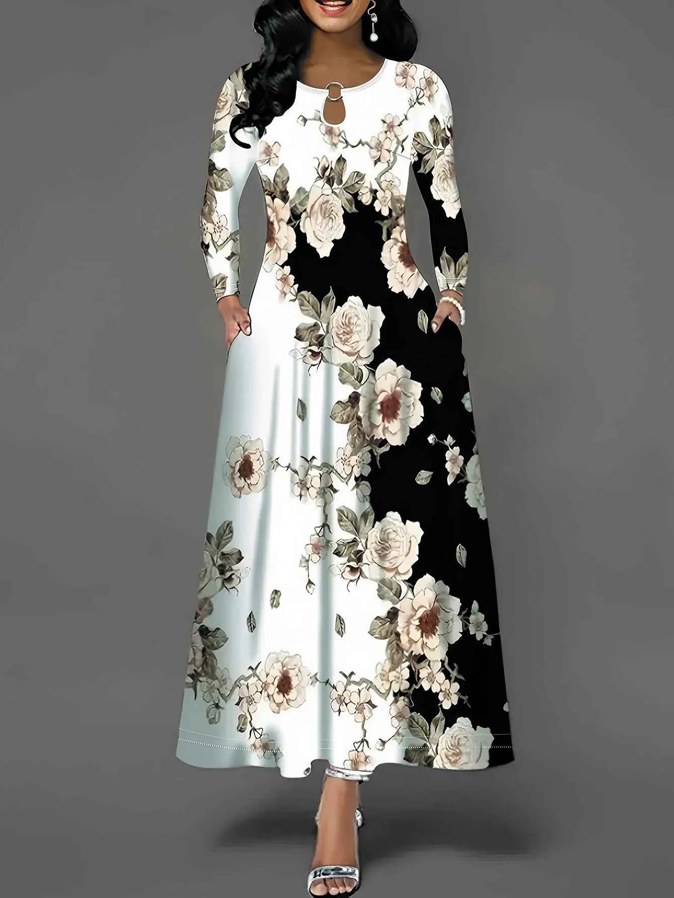 Women's Casual Dress, Plus Size Floral Print Long Sleeve Round Neck Cut Out Maxi Dress With Pockets