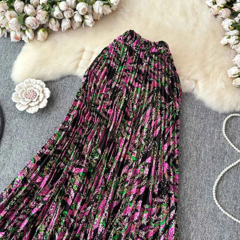 Chiffon A-Line Midi Skirt Women's Autumn 2025 New Sle Cover Hip Draped Large Swing Umbrella Skirt Pleated Floral Skirt