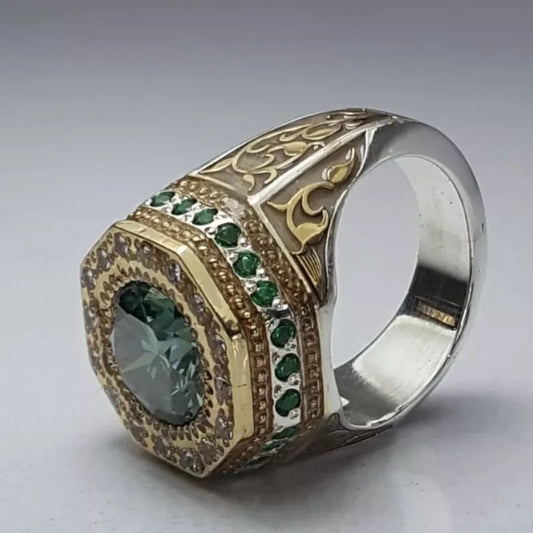 Vintage Luxury Men Rings Silver Color Round Green Stones Rings