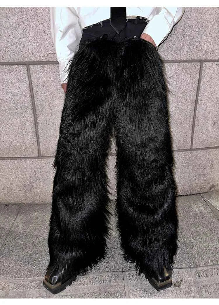 Mauroicardi Autumn Winter Long Black Thick Warm Hairy Shaggy Faux Fur Wide Leg Pants for Mens Luxury Designer Clothes Streetwear