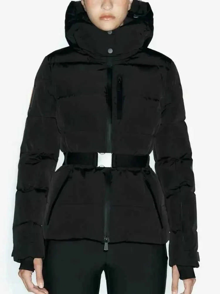Women's Winter Hooded High Waist Padded Sport Parkas Coats with Belt Female Elegant Thick Warm Pockets Windproof Skiing Jackets