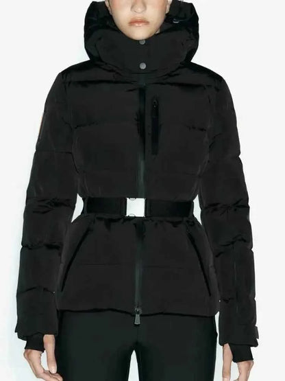 Women's Winter Hooded High Waist Padded Sport Parkas Coats with Belt Female Elegant Thick Warm Pockets Windproof Skiing Jackets