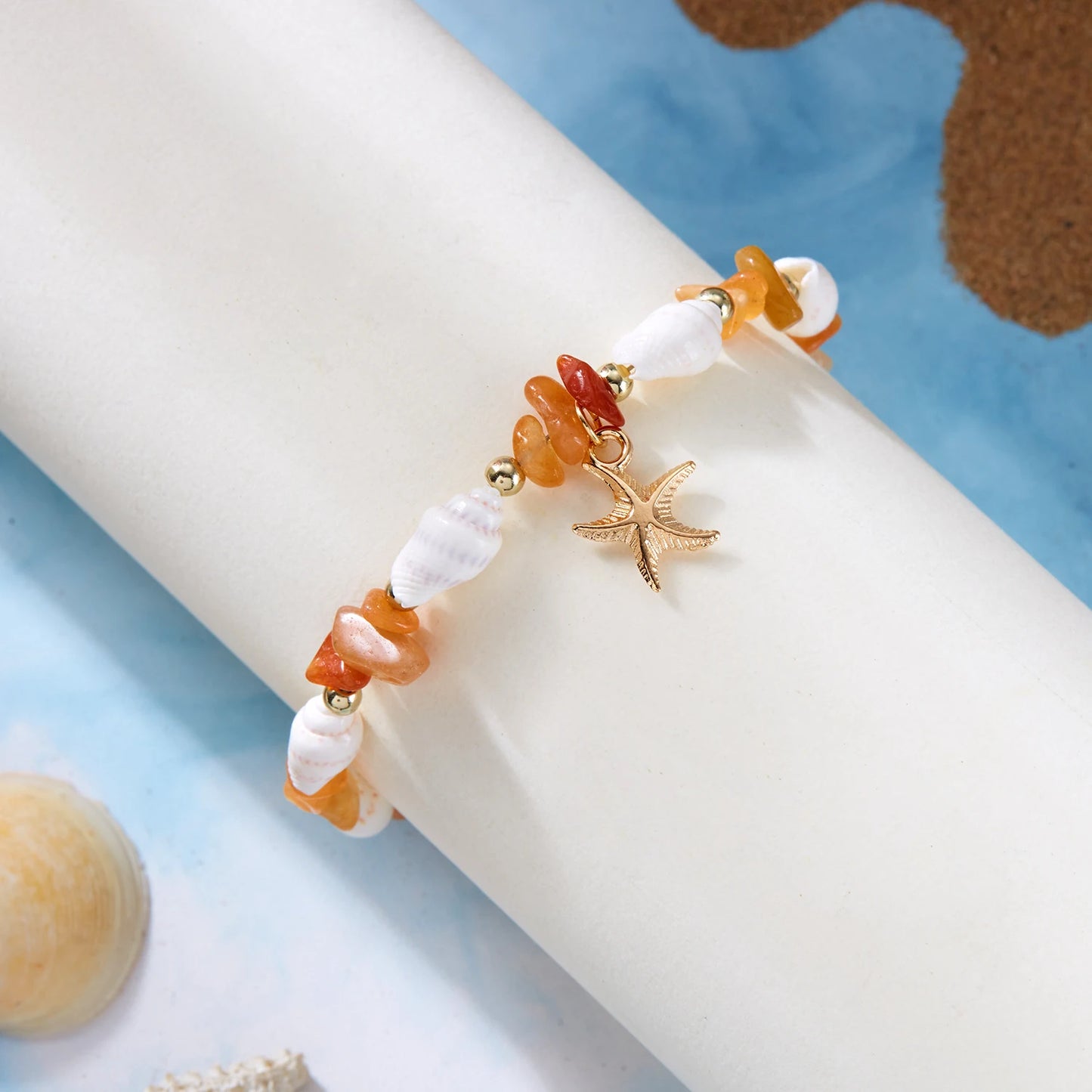 Bohemian Starfish Pendant Bracelet for Women Handmade Crushed Stone Beaded Bracelet Summer Beach Jewelry Travel Accessory Gift