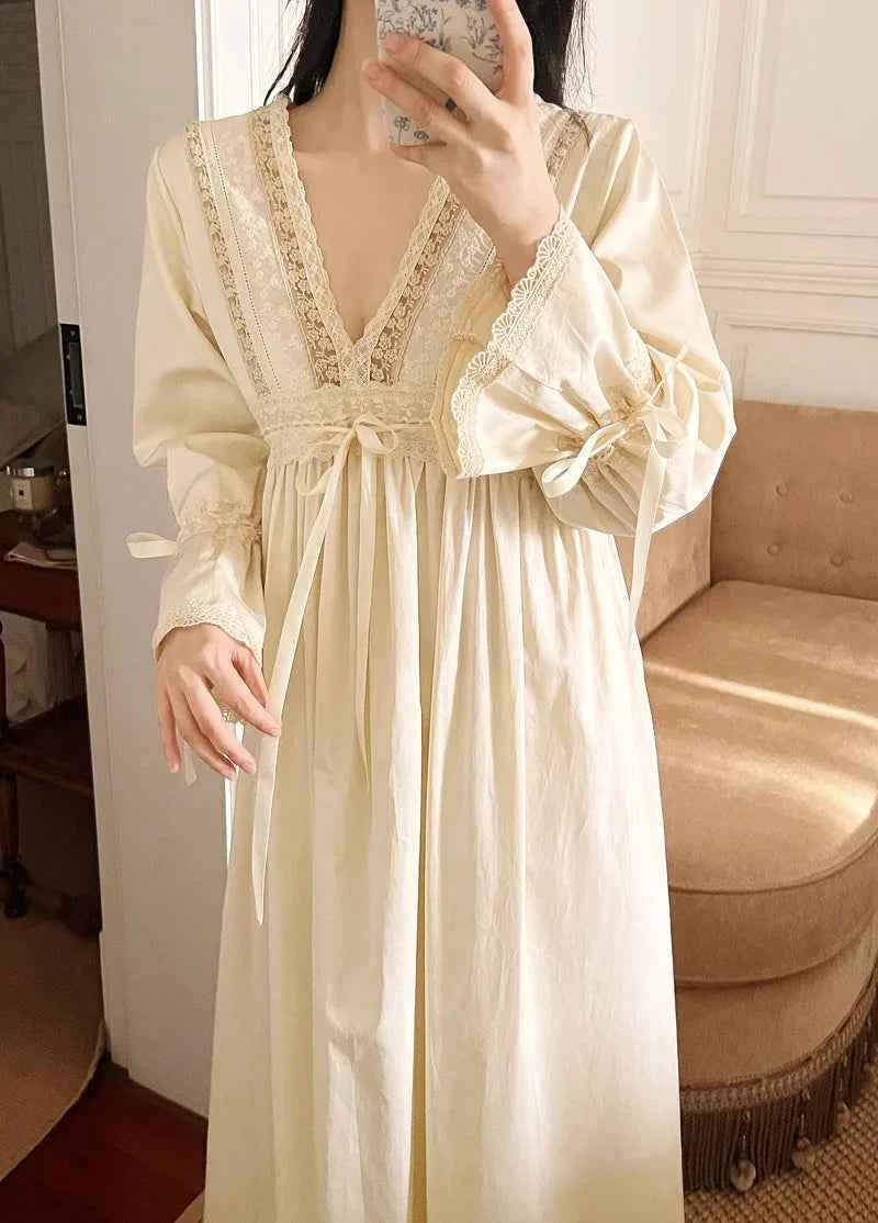 Vintage Embroidery Cotton Long Nightgowns For Lady Lace  Long Sleeve Beige Elegant Nightshirts Comfortable Sexy Night Dress