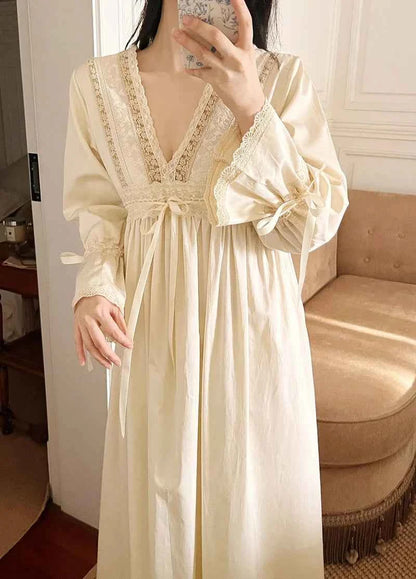 Vintage Embroidery Cotton Long Nightgowns For Lady Lace  Long Sleeve Beige Elegant Nightshirts Comfortable Sexy Night Dress