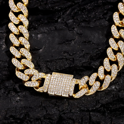 Iced Out Bling AAA Rhinestones Prong Cuban Link Chain Men's Necklace 2 Row Crystal Curb Cuban Chain Hip Hop Jewelry 13/14/20MM - AMULET RING STORE