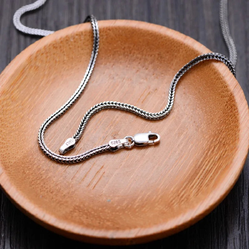 Real S925 Pure Silver Men's Necklace 1.6MM Foxtail Necklace for Men Individuality Vintage solid Silver Snake Bone Chain - AMULET RING STORE