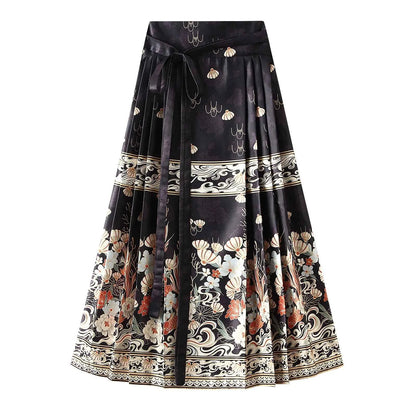 Women s Horse Face Skirt Elegant Phoenix Character Flower Print Pleated Tie Up A-Line Long Swing Skirt National Clothing