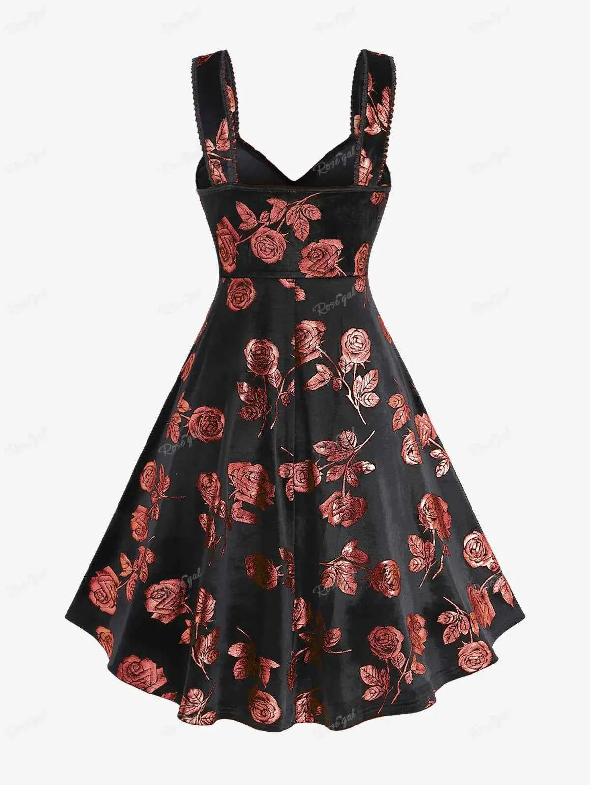 ROSEGAL Plus Size Gilding Rose Lace Up Velvet Sleeveless Swing Dress Women Summer Casual Knee-Length Dress Vestidos With Pocket