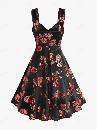 ROSEGAL Plus Size Gilding Rose Lace Up Velvet Sleeveless Swing Dress Women Summer Casual Knee-Length Dress Vestidos With Pocket