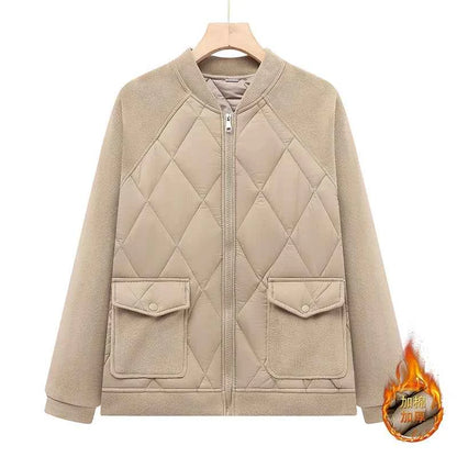 Women Padded Jacket round neck Long Sleeves patchwork coat Winter Warm Top Outerwear