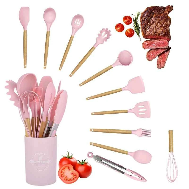 Silicone Cookware Set 12pcs Kitchen Utensil Wooden Handle Non-stick Spatula Shovel Spoon Kitchen Cooking Specialty Tools