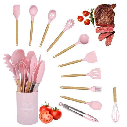 Silicone Cookware Set 12pcs Kitchen Utensil Wooden Handle Non-stick Spatula Shovel Spoon Kitchen Cooking Specialty Tools