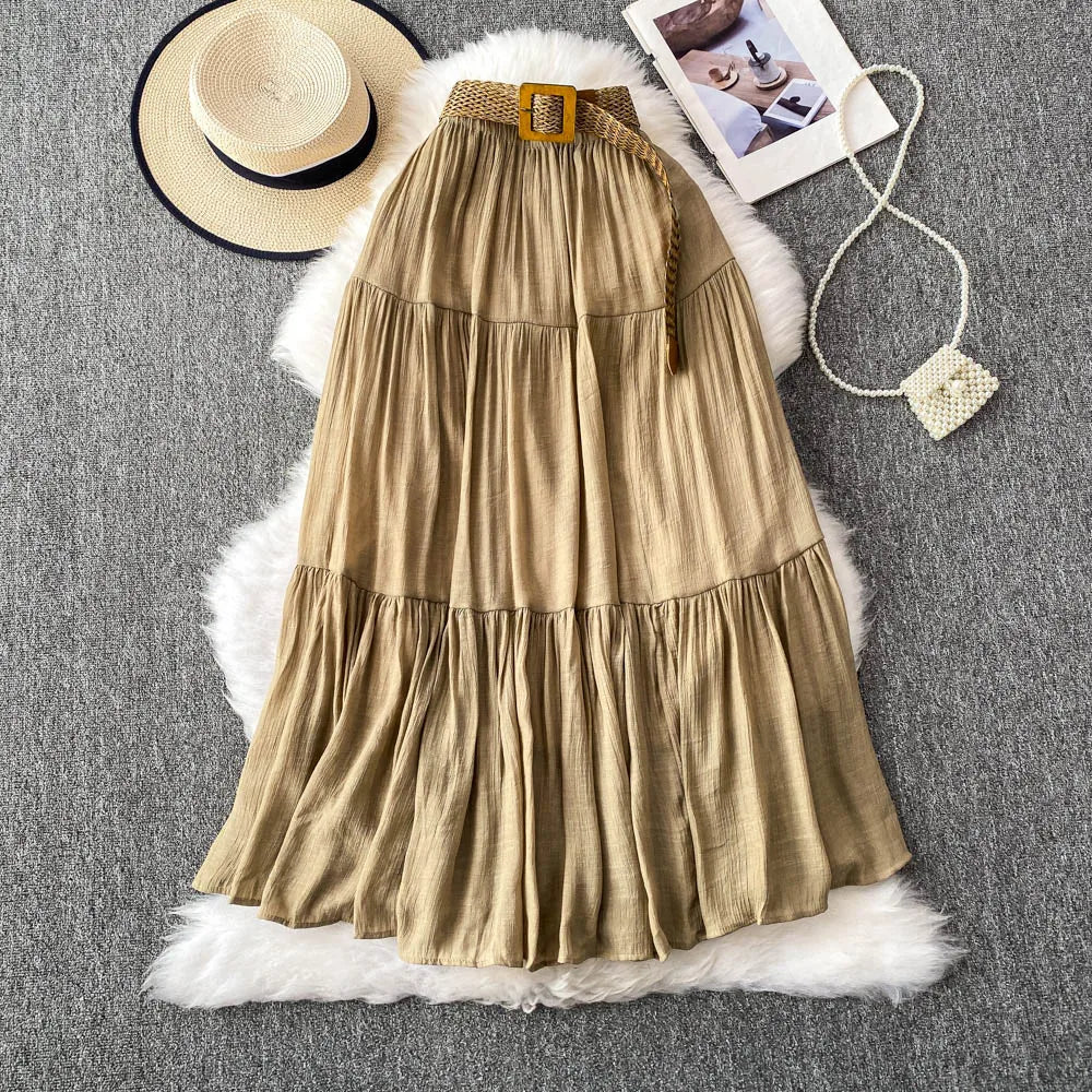 White High Waist A-Line Midi Skirt Women's Summer Casual Flared Cake Skirt Korean Sle Baking Poer Skirt for Young Women