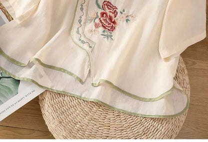 Casual Loose Blouse Shirt Women Clothes Summer Cotton Linen Ladies Tops Tee Blusas Vintage Embroidery Woman Shirt Camiseta Mujer