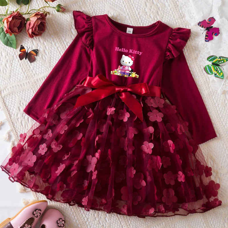 Hello Kitty Autumn Dress for Kid's Casual Clothes 3D Butterfly Cute Long Sleeve Baby Girls Princess Dress Party Dresses 2-6 Yrs