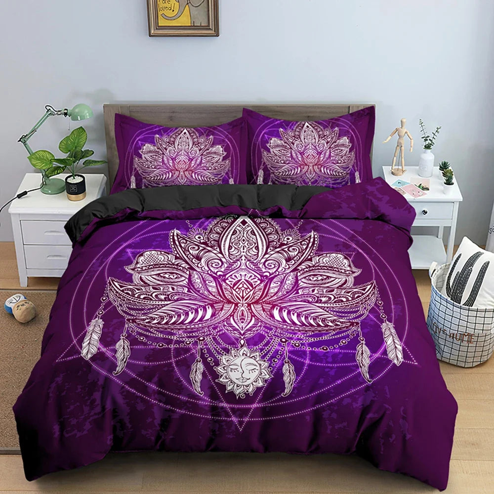 2/3pcs Bed Set Bohemian Lotus Duvet Cover Set Mandala Flower Quilt Cover Adult Black Polyester Bedding Set Queen King Twin Teens - AMULET RING STORE