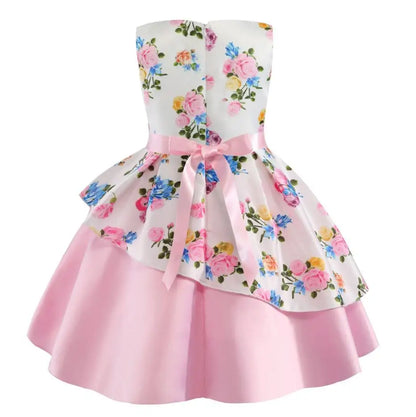 Summer Girls Rose Print Dress Princess Wedding Birthday Party Frocks Satin Children Vestidos Dresses For Girl Christmas Clothing