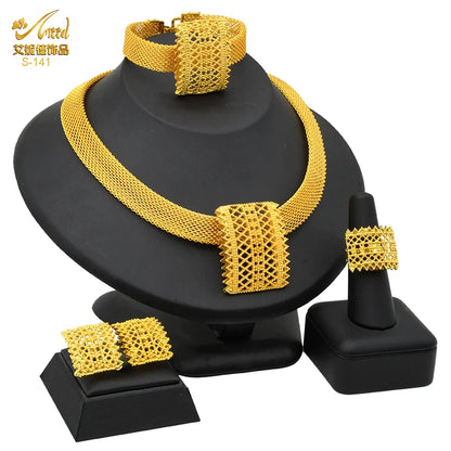 ANIID Dubai Plated Jewelry Set For Women Indian Earring and Necklace Nigeria Moroccan Bridal Accessorie Wedding Bracelet Gifts