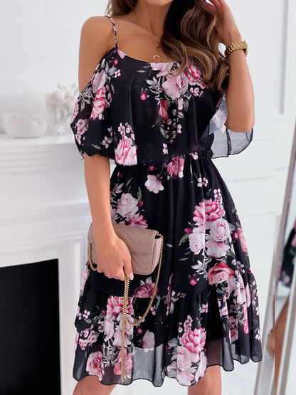 Woman Floral Print Dress Summer Spaghetti Strap Off Shoulder Sleeveless Dresses Holiday A-Line Mesh Fabric Party Dress Vestidos - AMULET RING STORE