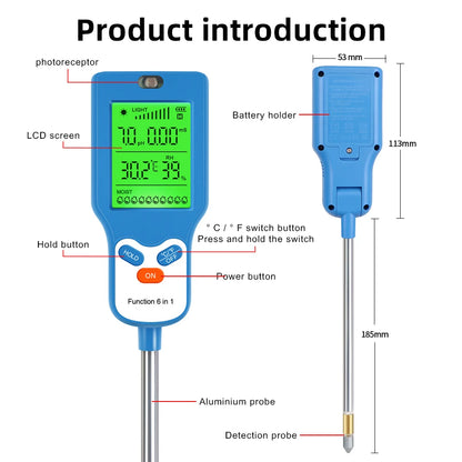 90° Digital 6 in 1 Multifunctional Soil PH Temperature Meter Farm Garden Fertility Moisture Sunlight Humidity Tester Detector - AMULET RING STORE