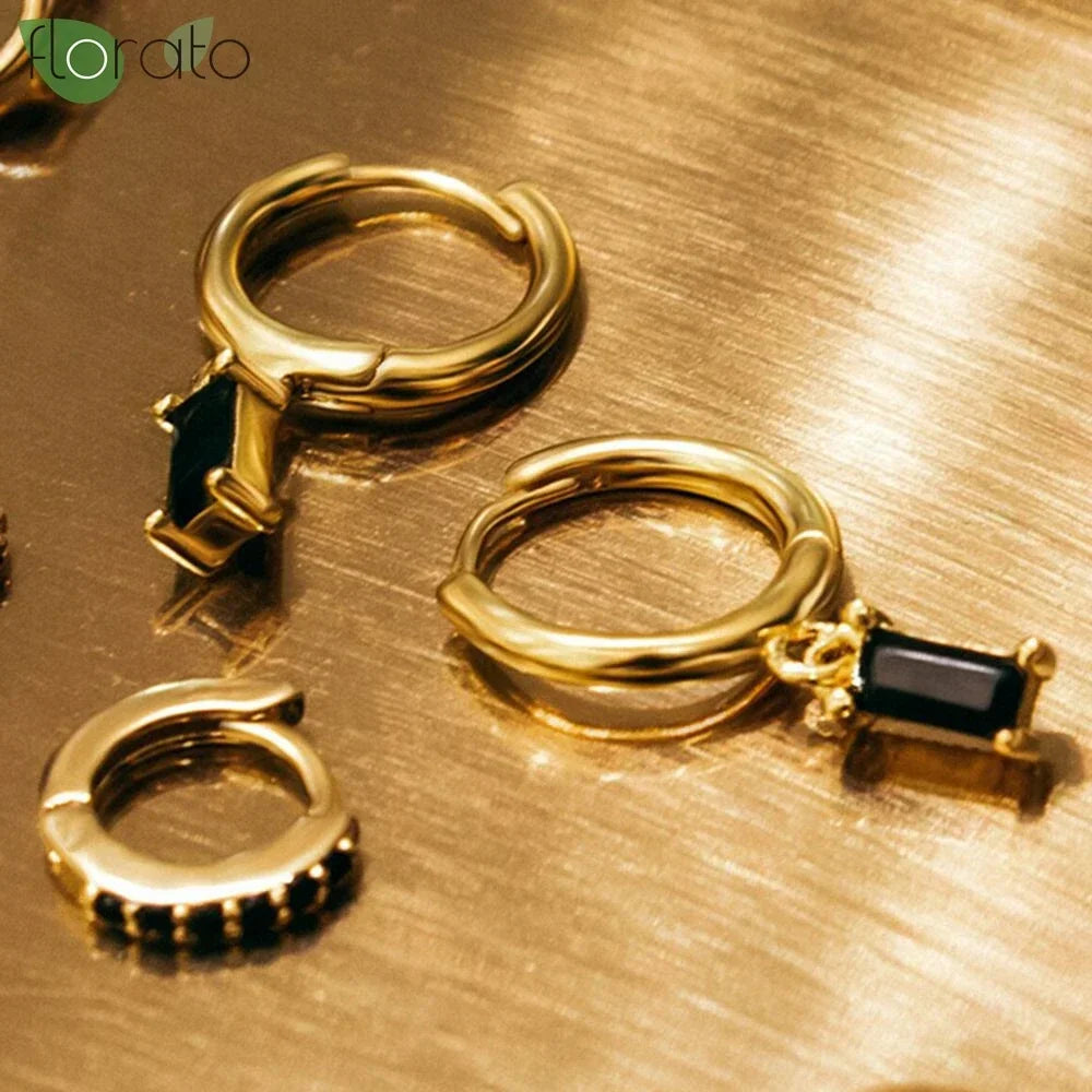 925 Sterling Silver Needle Fashion Round Pendant Small Earrings Luxury Gold Hoop Earrings for Women Premium Black Jewelry Gifts - AMULET RING STORE