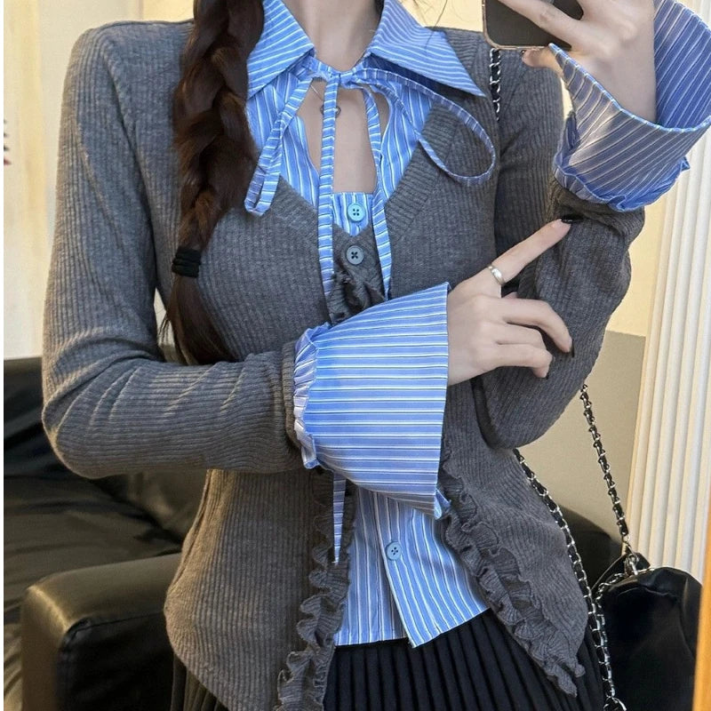 Preppy Style Striped Contrast Slim Lacing Tops Women Clothing Spring Autumn New Long Sleeve Patchwork Korean Shirt Tops Fashion