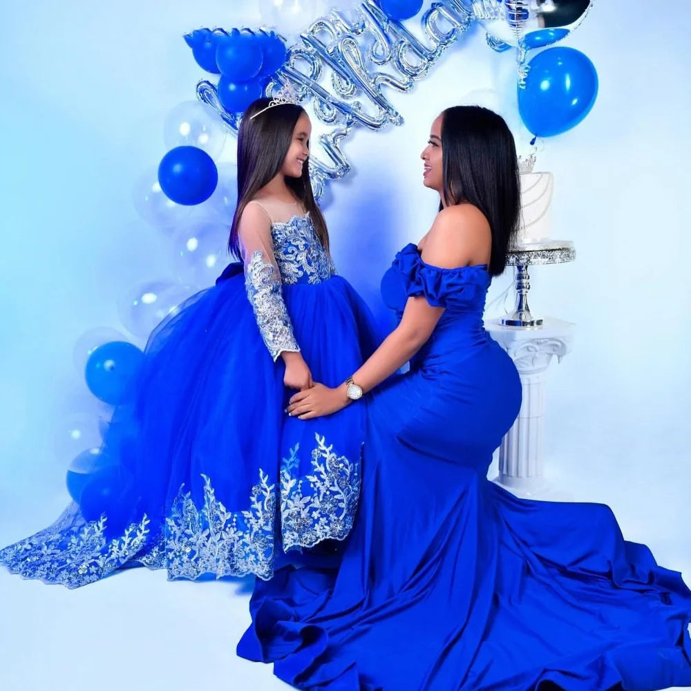 Customized Royal Blue Princess Flower Girl Dress for Wedding Lace Appliques Full Sleeve Baby Birthday Dress First Communion Gown