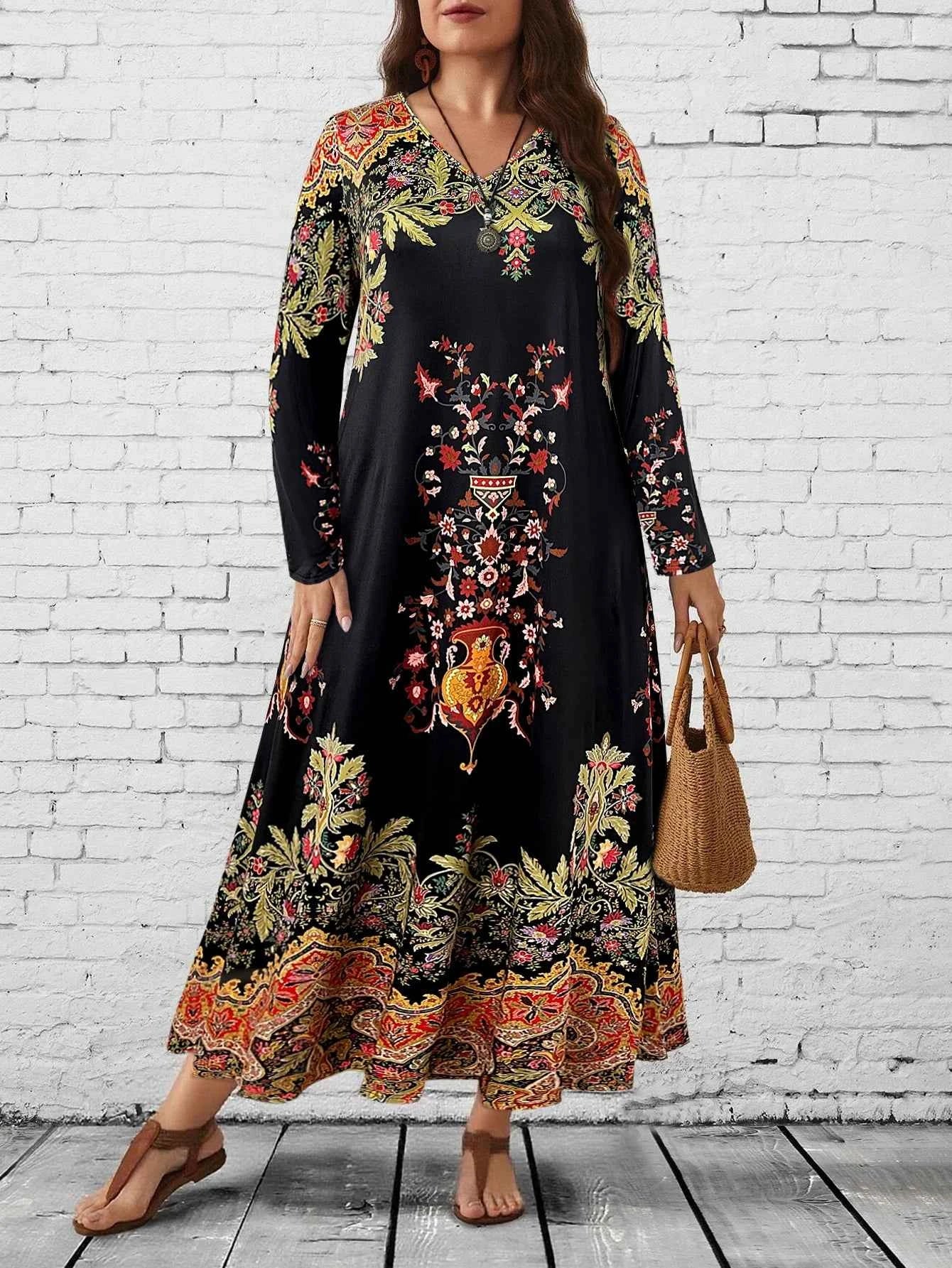 Plus Size Women's Boho Floral Maxi Dress, Long - Sleeve V - Neck, Ethnic Print, Casual & Festival Wear